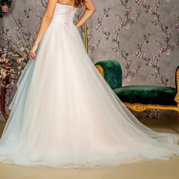NEW LONG FORMAL SLEEVELESS STRAPLESS MESH BALL GOWN WITH LACE UP BACK GL3244 - Picture 12 of 12